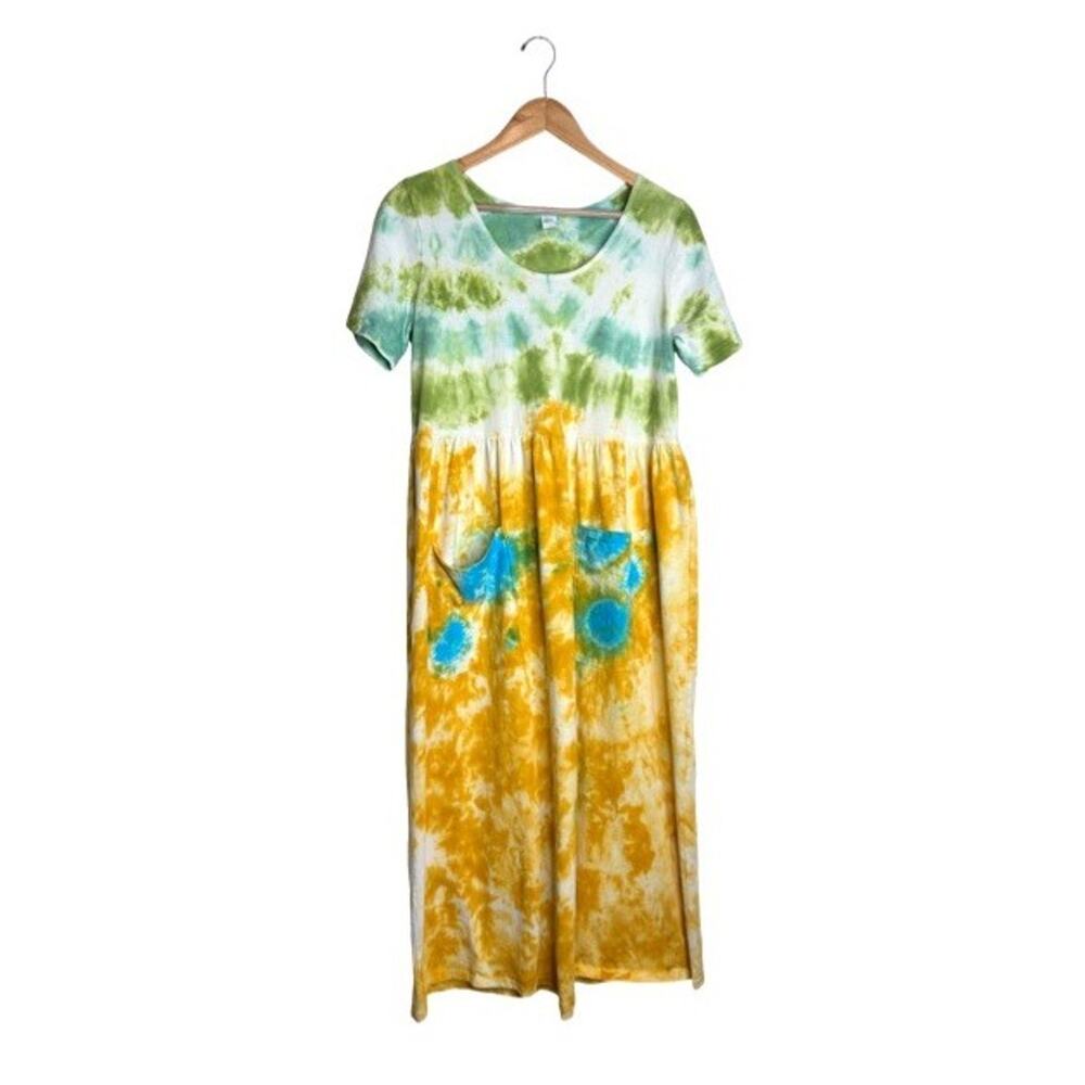 Dharma Trading Dress Maxi Yellow Tie Dye Pockets Size Medium Hippie Casual Tent - Picture 7 of 7